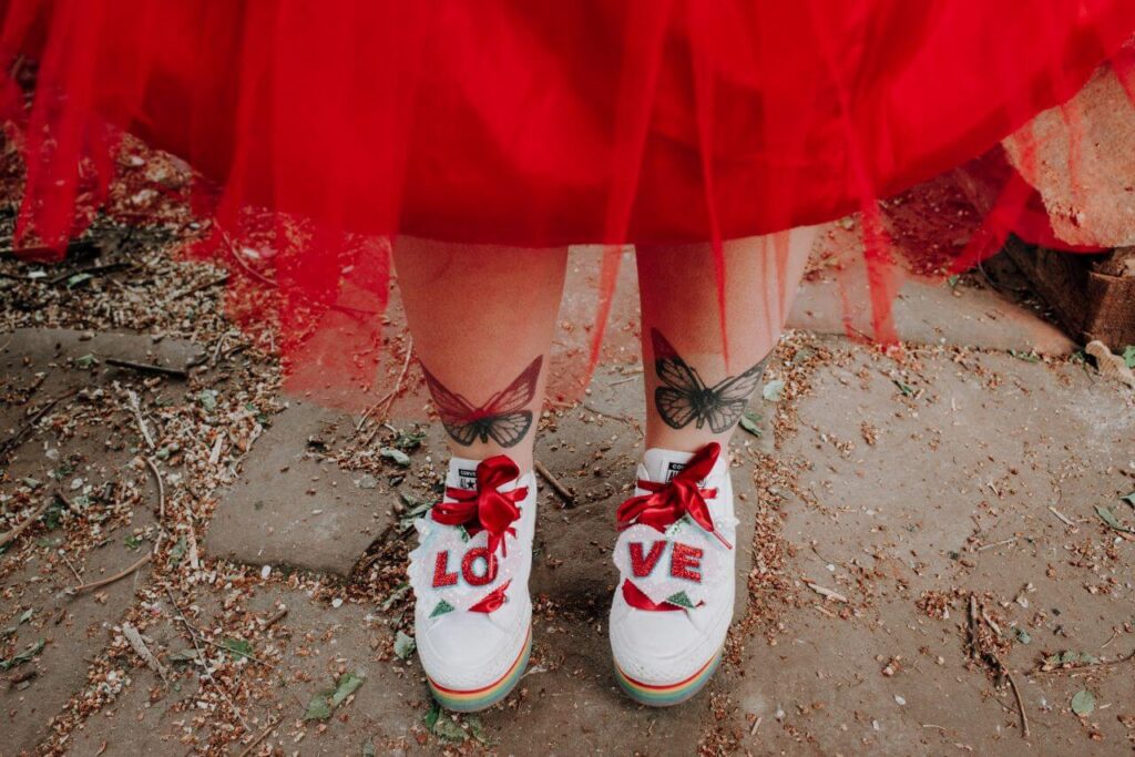Red bridal dress and shoes with love on